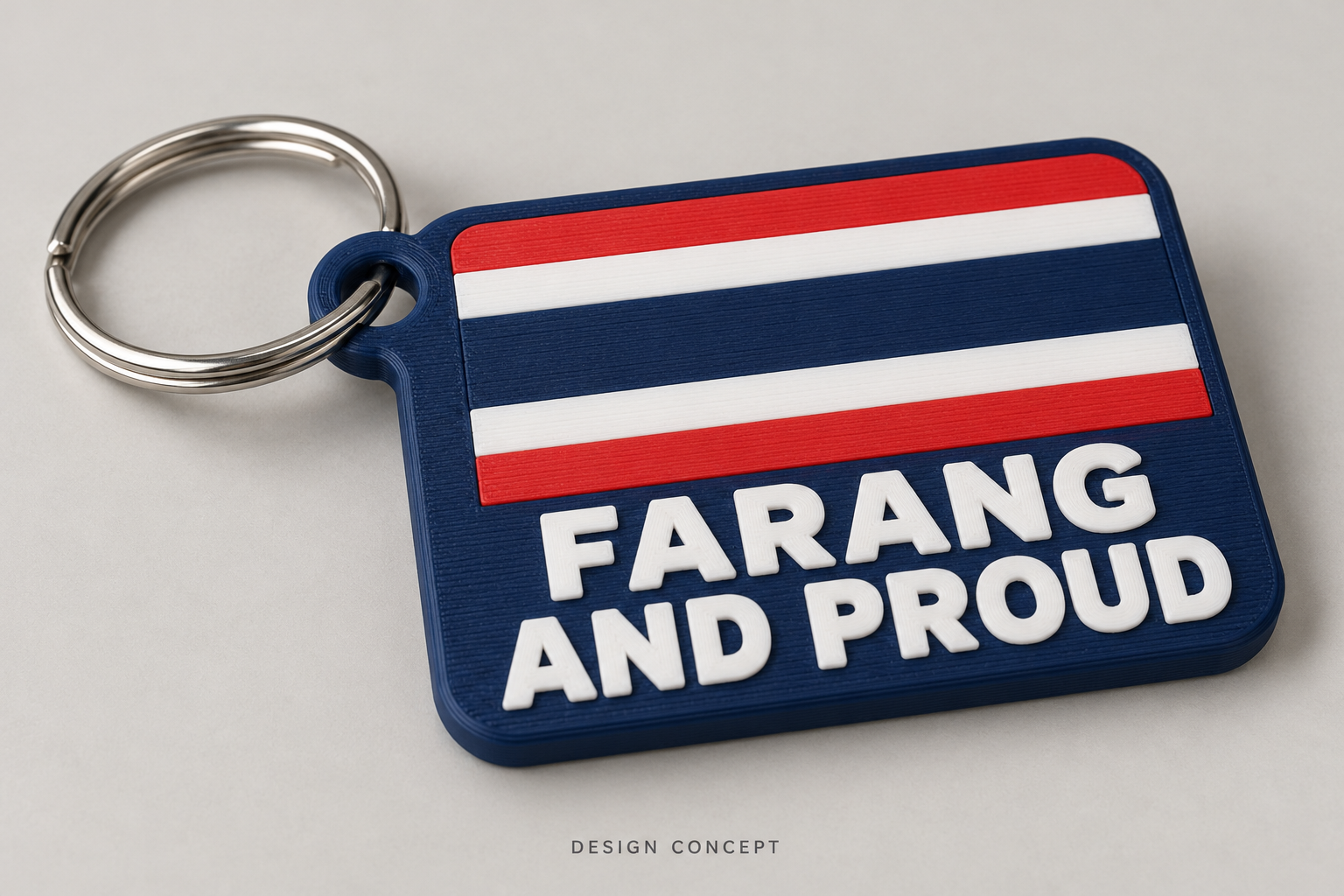 AI-generated concept of a navy Farang and Proud keyring with raised white lettering, a red white and blue Thai flag, and a silver metal ring
